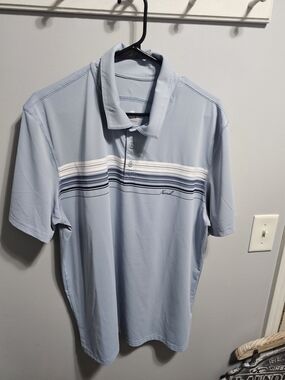 The Normal Brand Light Blue Polo with White & Navy Stripes